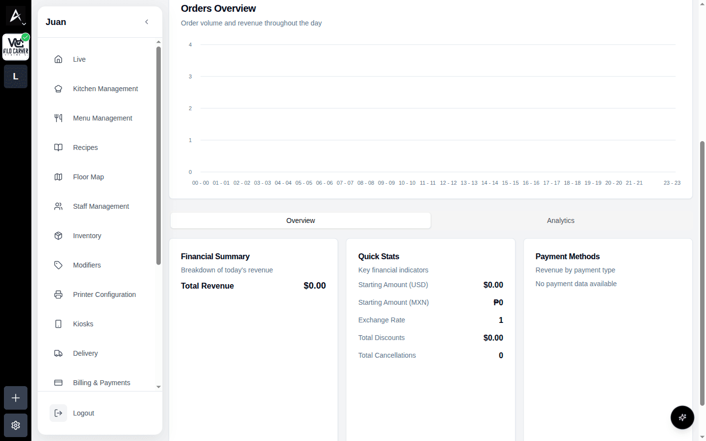 Paneles Financial Summary, Quick Stats y Payment Methods