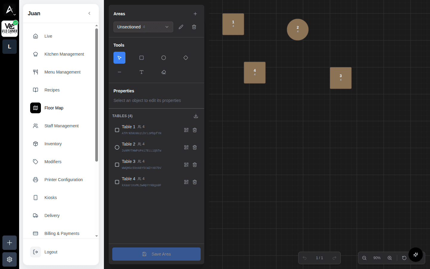 Editor Floor Map con canvas de mesas y paneles Tools y Properties