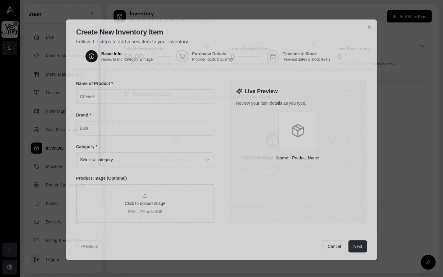 Wizard Create New Inventory Item en 3 pasos con Live Preview