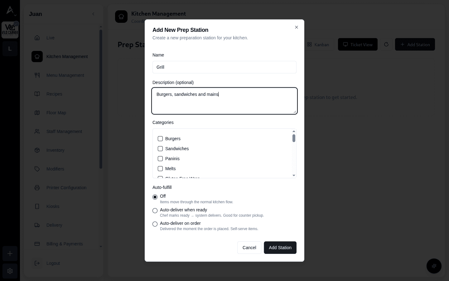 Modal Add New Prep Station con categorías y opciones de auto-fulfill