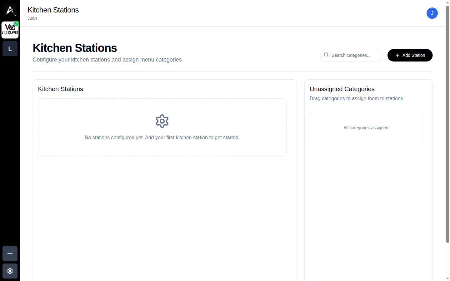 Pantalla Kitchen Stations con el sidebar Unassigned Categories