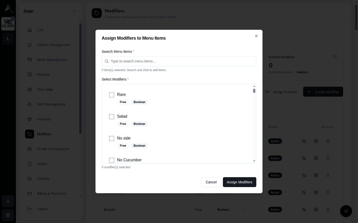 Dialog Assign Modifiers to Menu Items