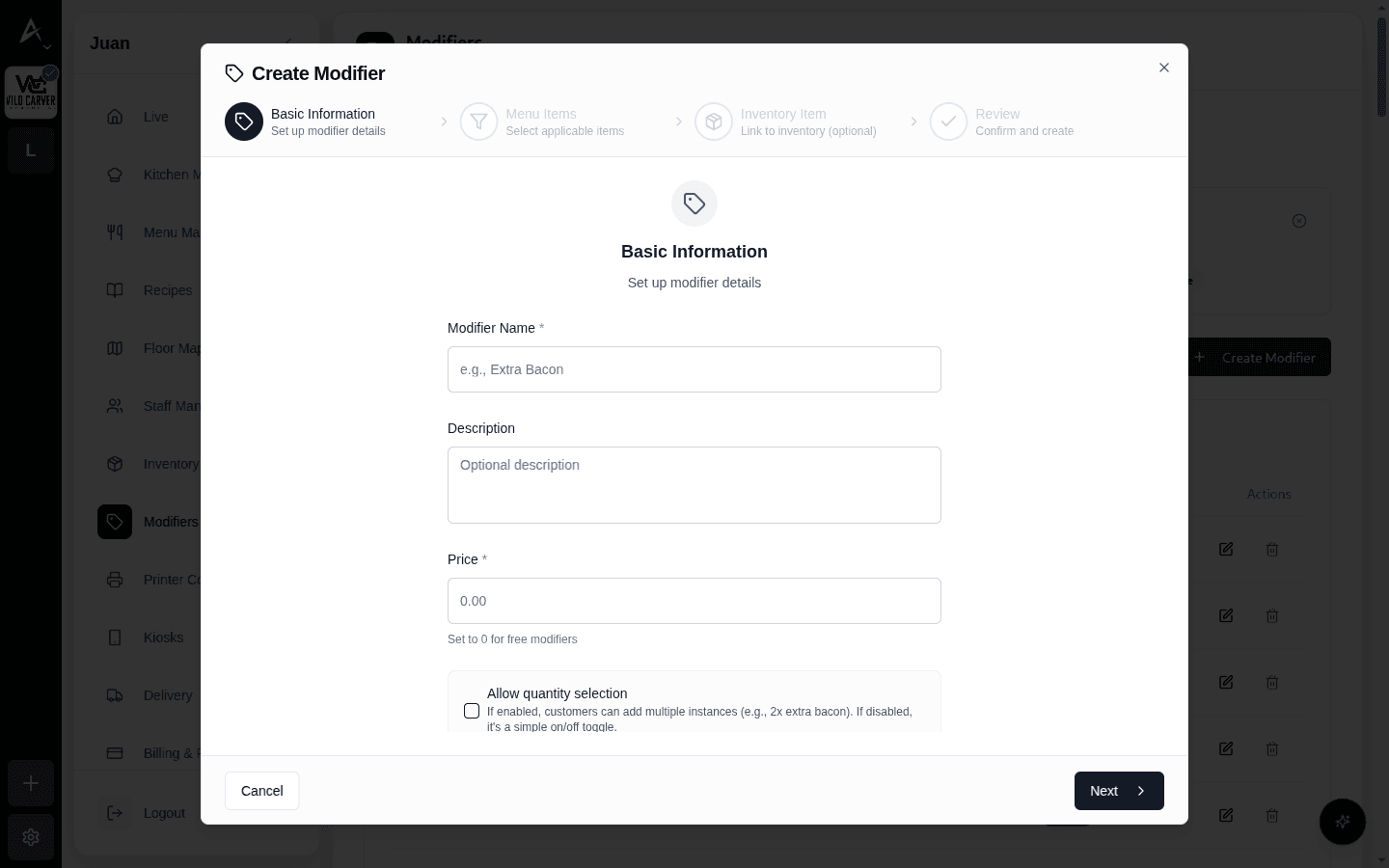 Wizard Create Modifier — paso Basic Information