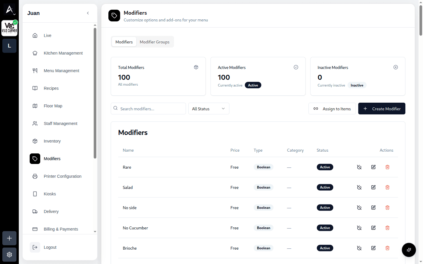 Página Modifiers con stats, tabla de modificadores y botones Assign to Items y Create Modifier