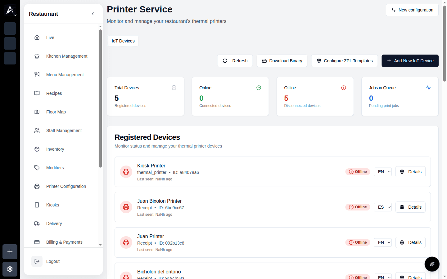Printer Service con tarjetas de estado y lista de dispositivos registrados