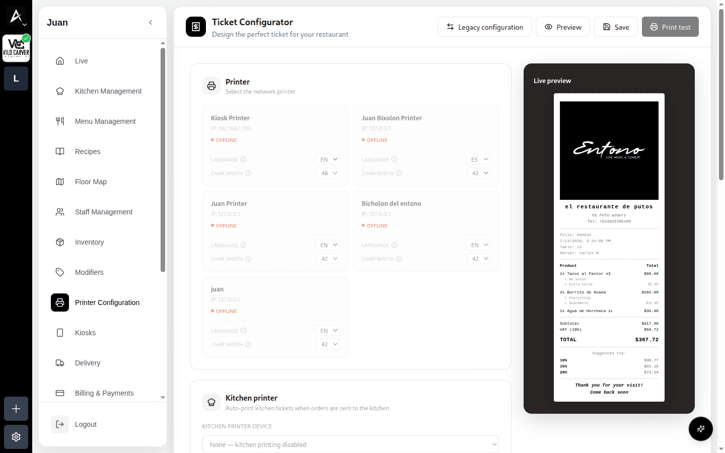 Ticket Configurator con selección de impresora y Live preview del recibo
