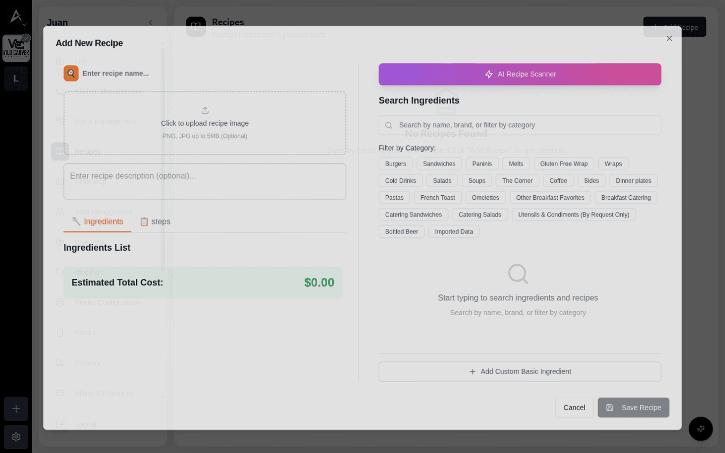 Editor Add New Recipe con buscador de ingredientes y costo estimado