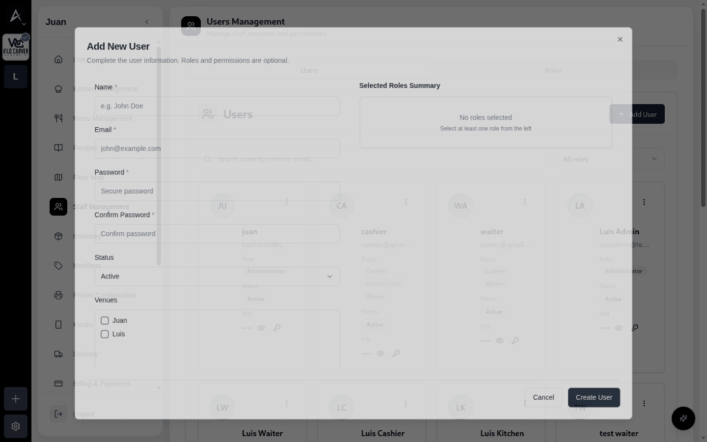Panel Add New User con campos y Selected Roles Summary