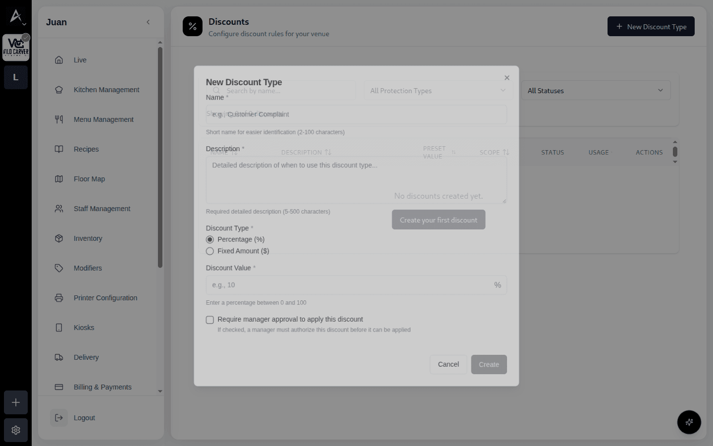 Modal New Discount Type con tipo, valor y protección de manager