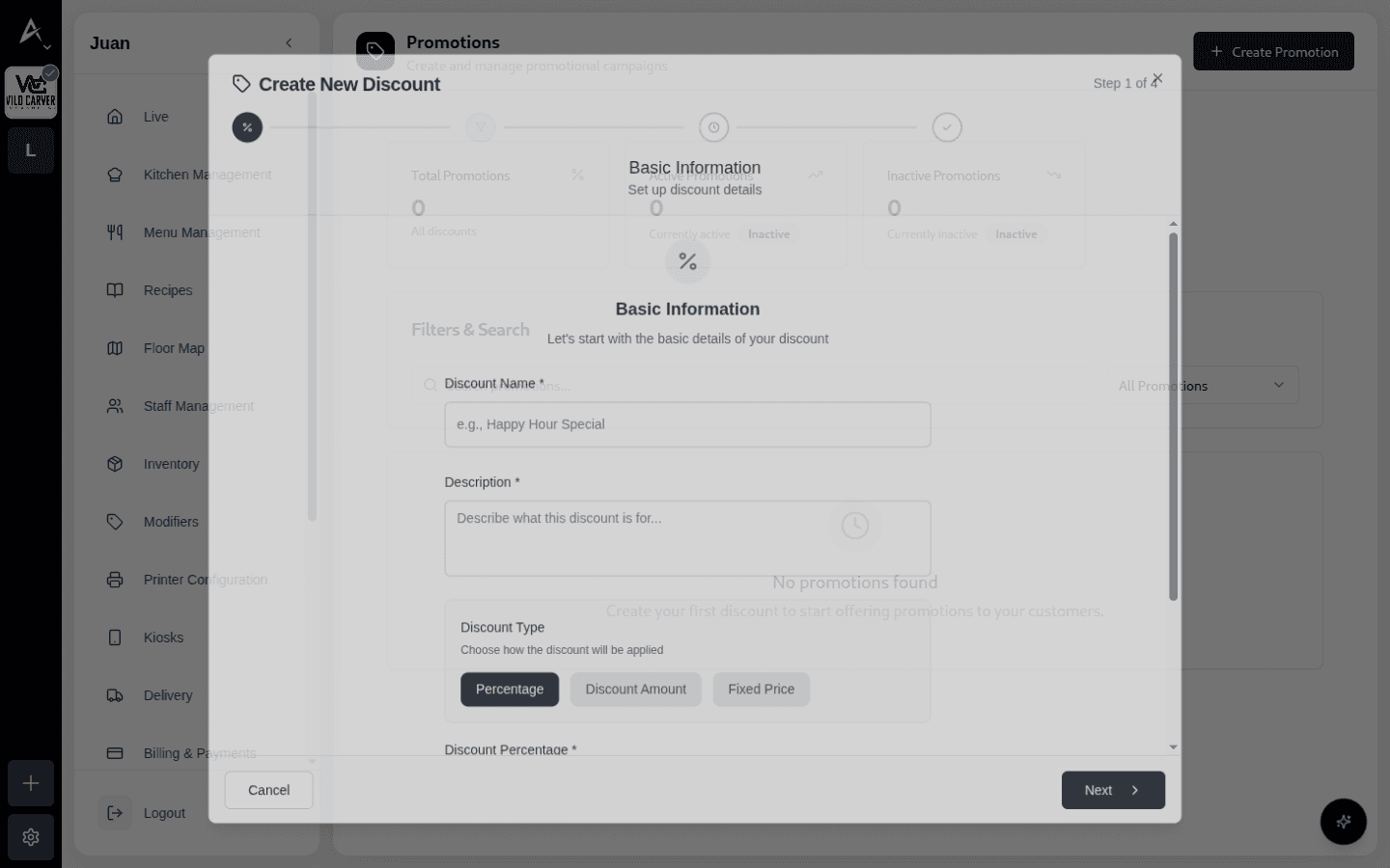 Wizard Create New Discount en el paso Basic Information