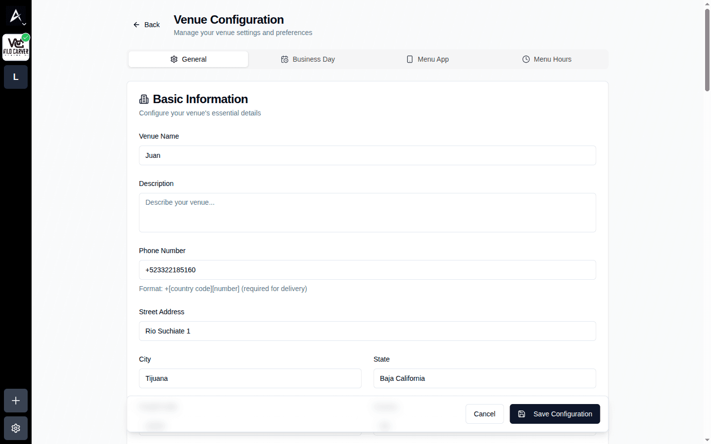 Venue Configuration con tabs y sección Basic Information