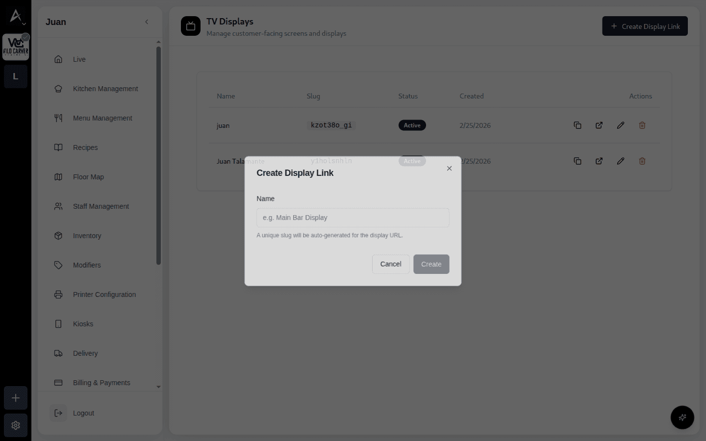 Modal Create Display Link