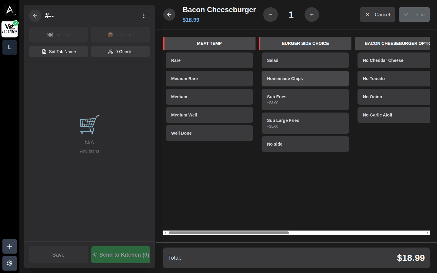 Panel de modificadores del Bacon Cheeseburger